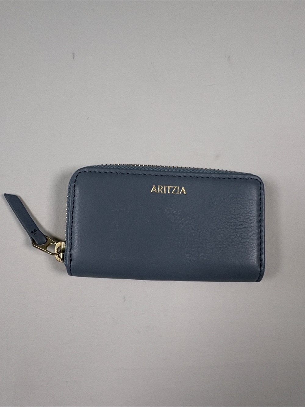 Aritzia Compact Zip Card Wallet in Slate Blue with Gold Hardware